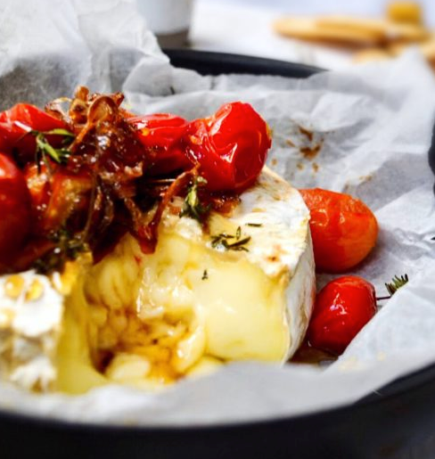 Baked Camembert with Caramelized Onions & Tomatoes